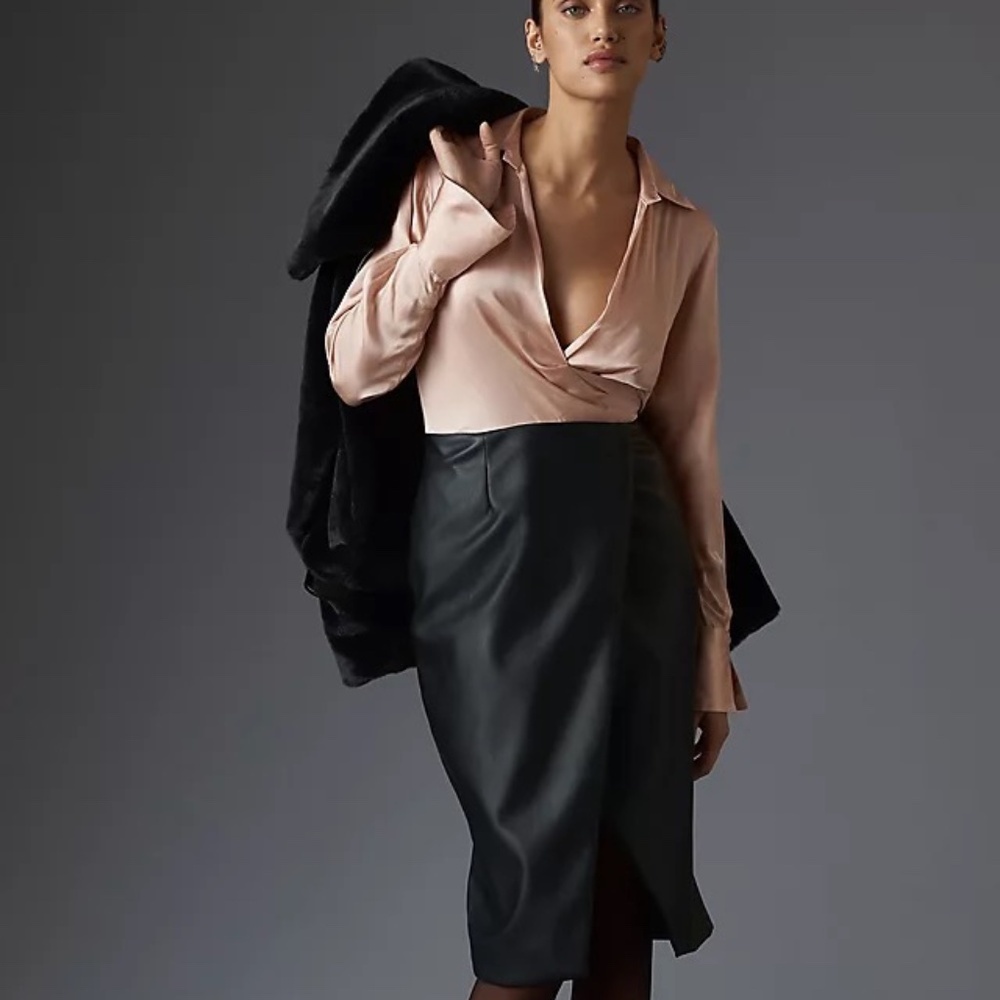 Anthropologie by Maeve Faux Leather & Satin Wrap Dress Pink Black Size 10 NWT
